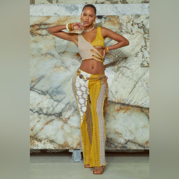 Jaded London Yellow White Crochet Knit Boho Bohemian Lace Low Rise Pants - Picture 2 of 12